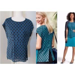 CABi Blue Pacific Foulard Geometric Print Peplum Cap Sleeve Top Size S